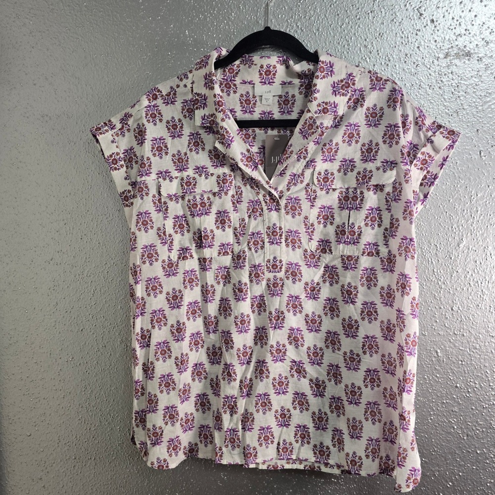 J. Jill Womens Purple Floral Print Button Front Short Sleeve Top Size M 295681